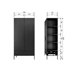 WOOOD Industriele Kasten|Kledingkasten|Adam 2-deurs Kledingkast grenen zwart 100cm