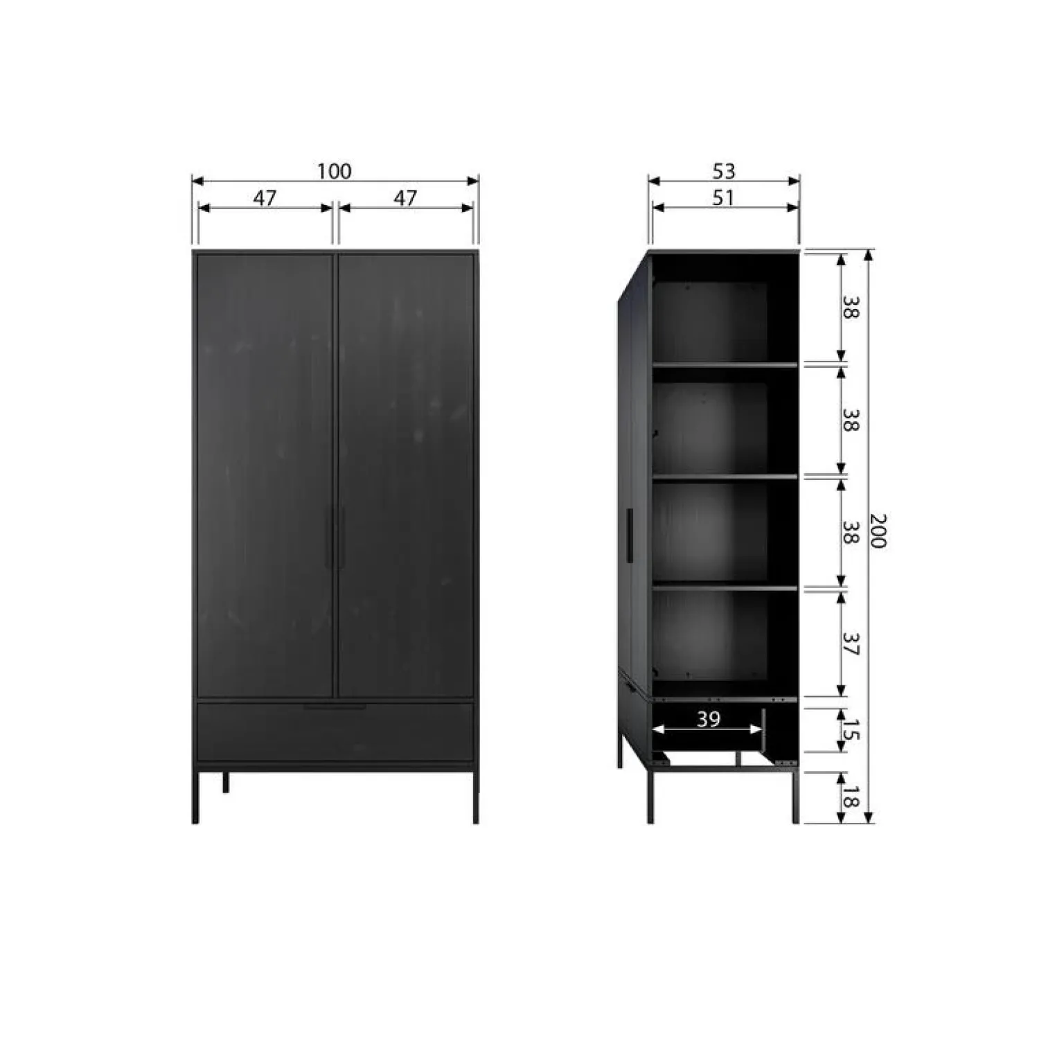 WOOOD Industriele Kasten|Kledingkasten|Adam 2-deurs Kledingkast grenen zwart 100cm