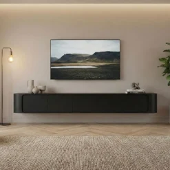 Vane Living Industriele Kasten|Tv Meubels|Amy Tv meubel zwevend Zwart mangohout 235 cm