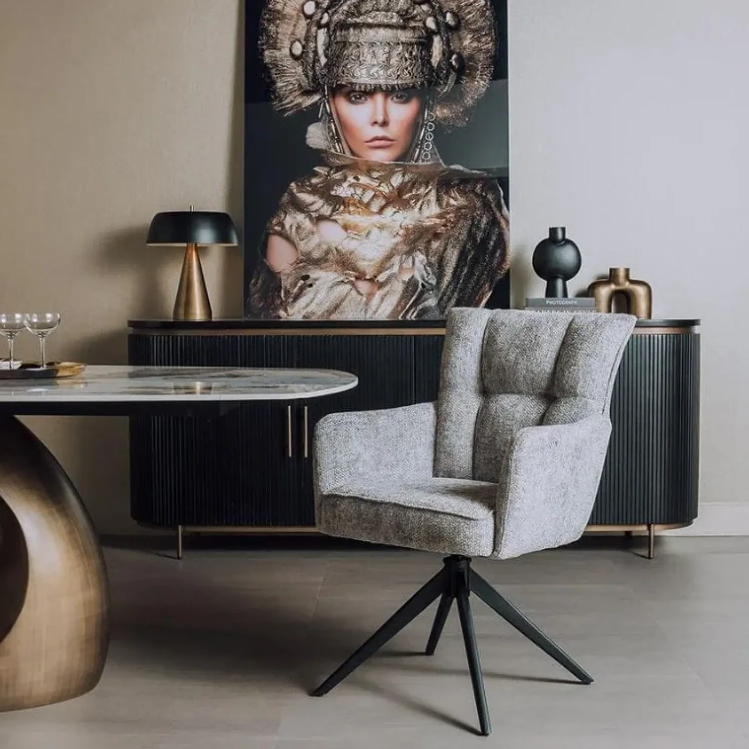 Tower living Eetkamerstoelen|Bardi Eetkamerfauteuil Grijs stof