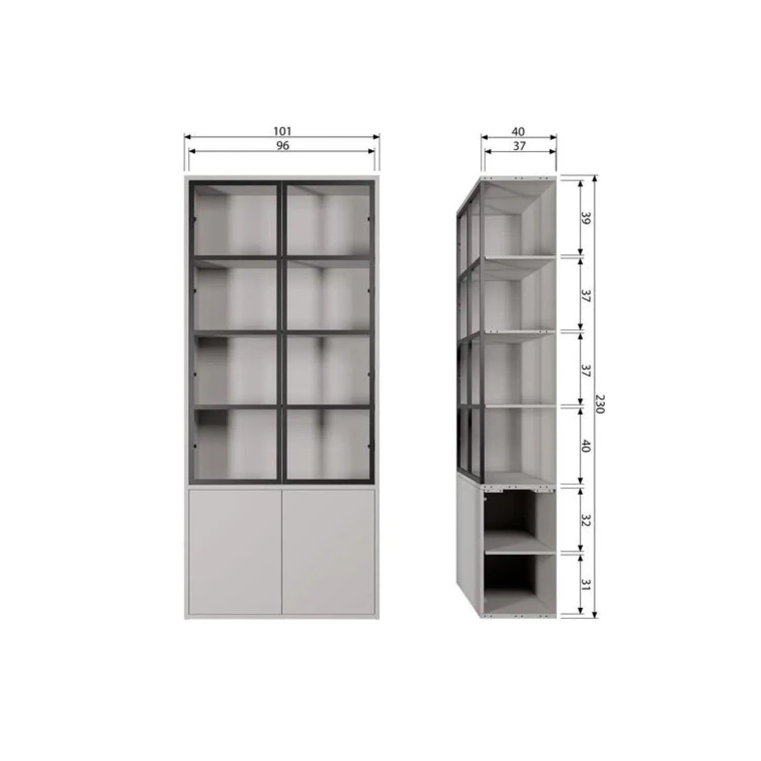 vtwonen Vitrinekasten|Industriele Kasten|Basic Vitrinekast 4-deurs grenen grijs 101cm