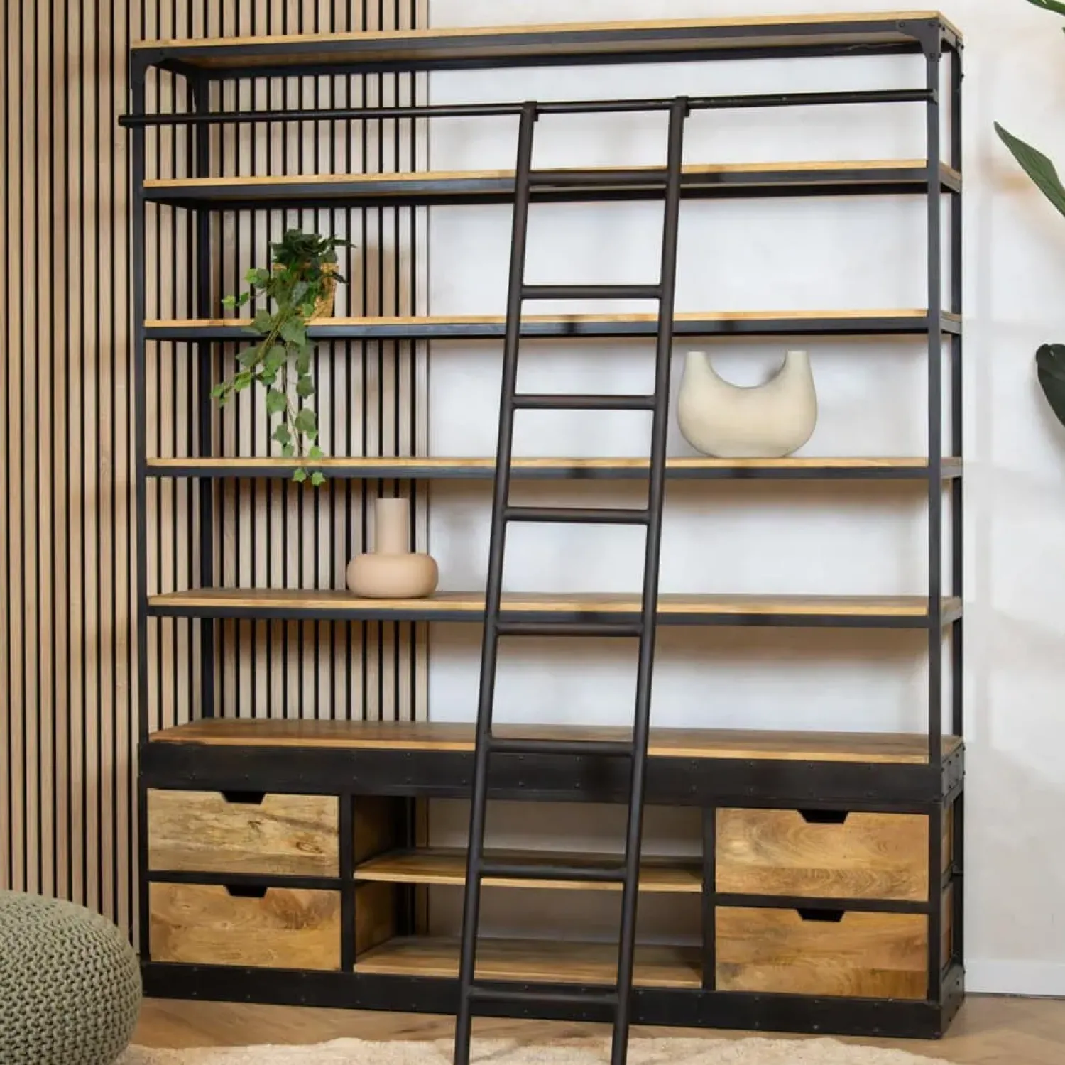 Cavetown Wandkasten|Boekenkasten|Boekenkast Industrieel mangohout Ladder Big zwart