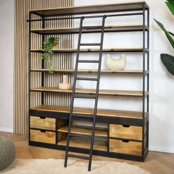 Cavetown Wandkasten|Boekenkasten|Boekenkast Industrieel mangohout Ladder Big zwart