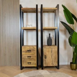 Furndea Vakkenkasten|Boekenkasten|Britt boekenkast industrieel mangohout 3 lades