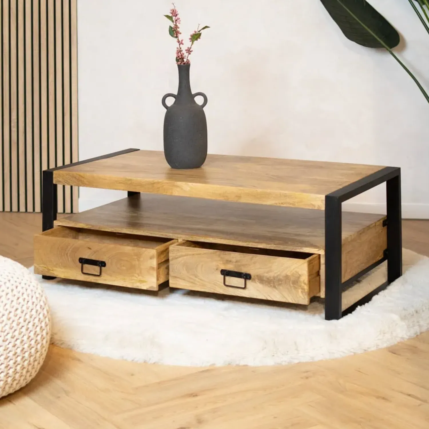 Furndea Salontafels|Britt salontafel industrieel mangohout met 4 lades 120cm
