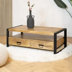 Furndea Salontafels|Britt salontafel industrieel mangohout met 4 lades 120cm