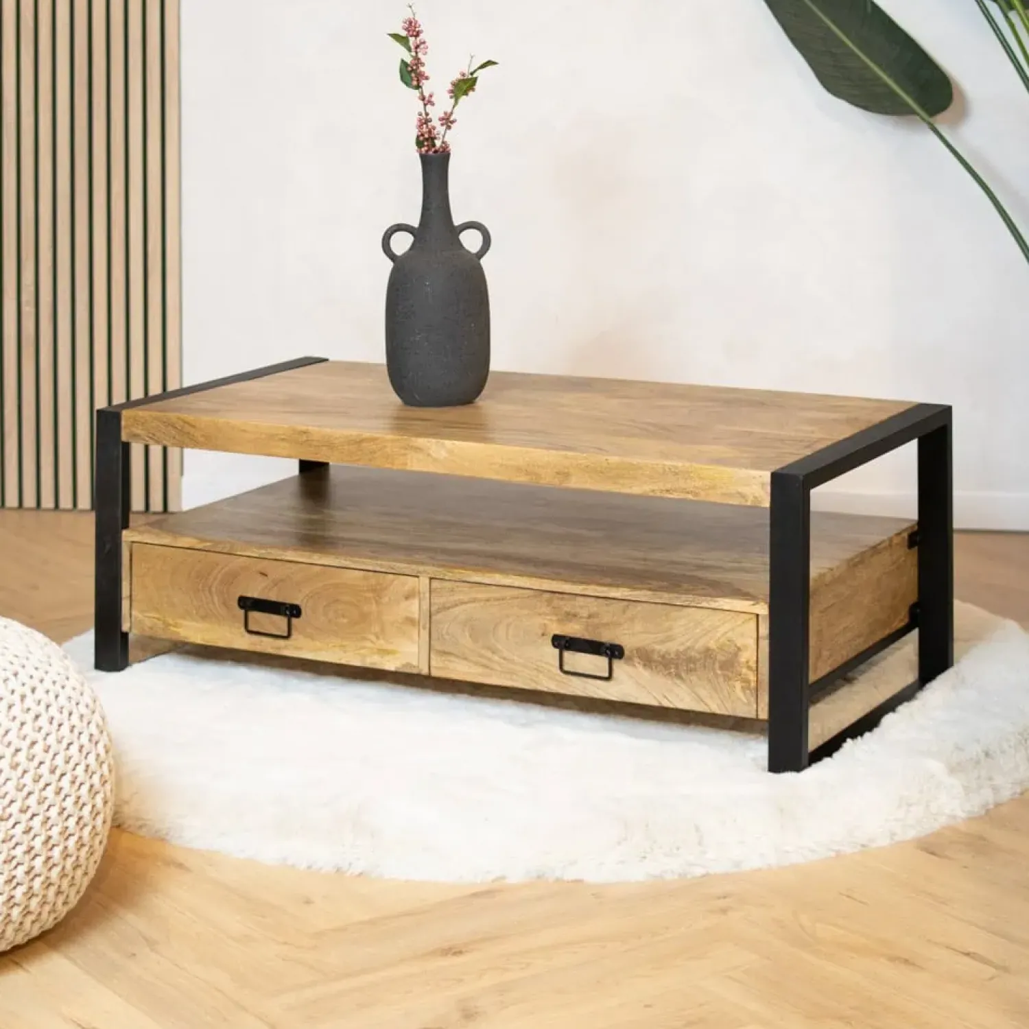 Furndea Salontafels|Britt salontafel industrieel mangohout met 4 lades 120cm