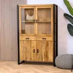 Furndea Vitrinekasten|Industriele Kasten|Britt vitrinekast industrieel mangohout 115cm