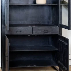 Furndea Vitrinekasten|Industriele Kasten|Britt vitrinekast industrieel mangohout zwart 115cm
