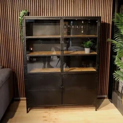 Cavetown Wandkasten|Vitrinekasten|Buffetkast industrieel Trevor zwart/ houten planken 140cm