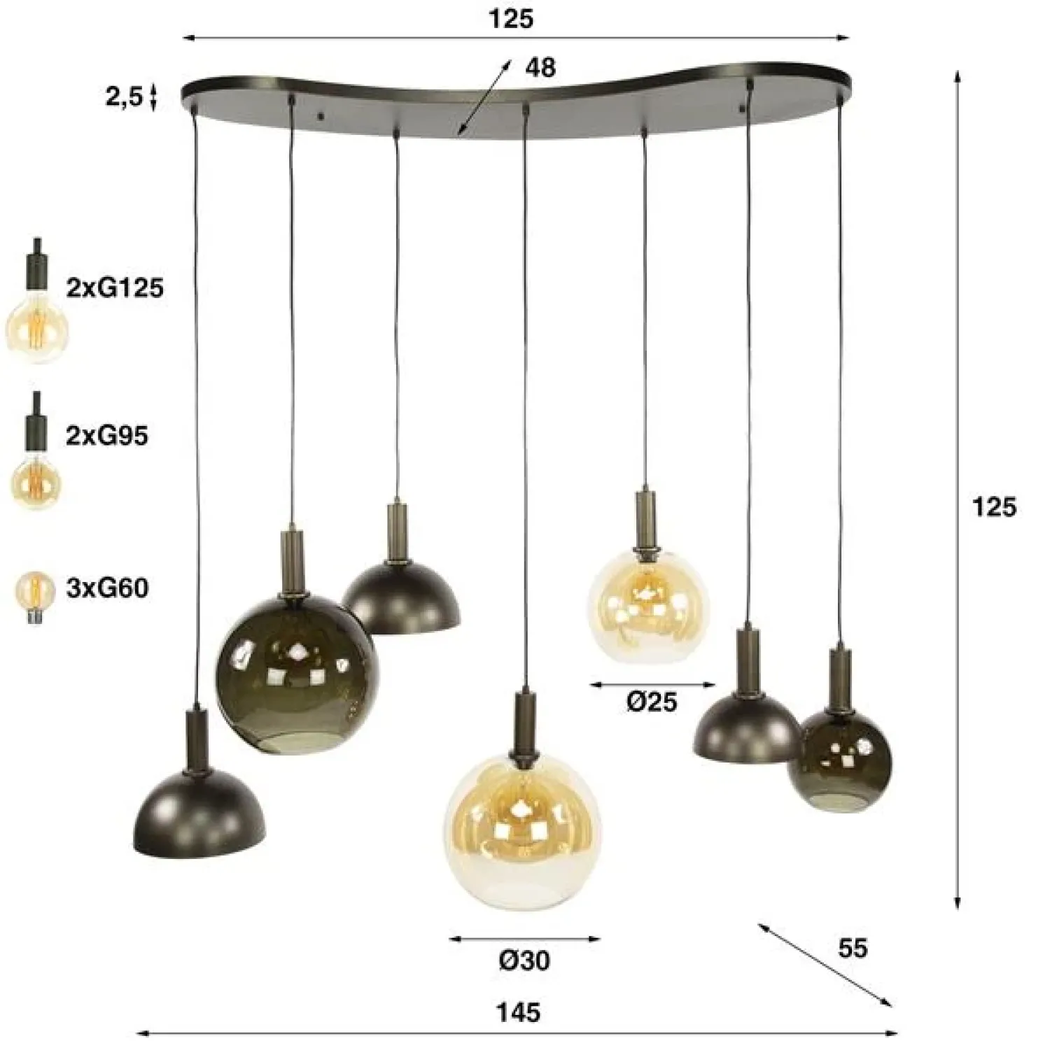 Steinmex Hanglampen|Glazen Hanglamp|Clemenza 7-lichts Hanglamp Bruin/Amber