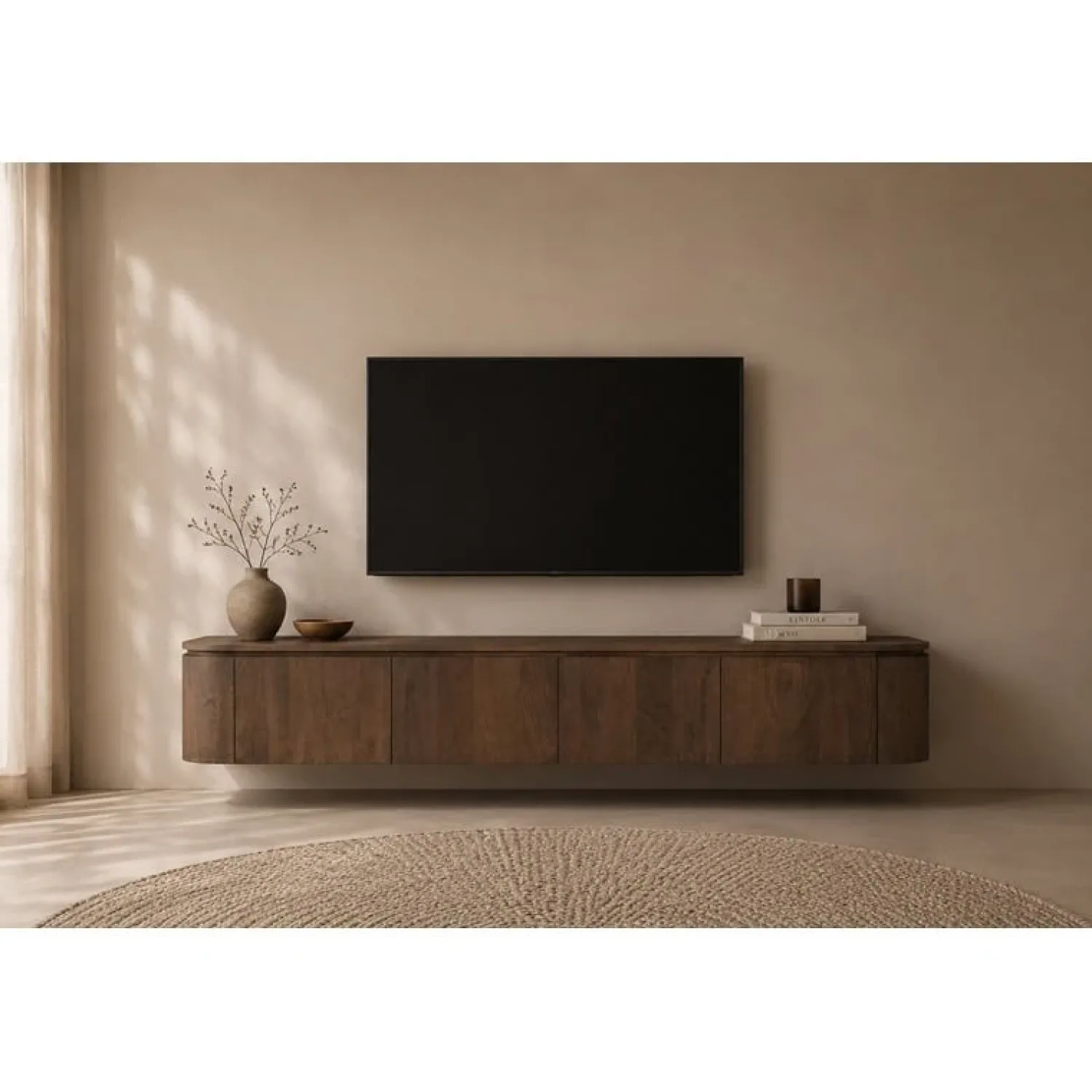 Livingfurn Industriele Kasten|Tv Meubels|Cortez Zwevend Tv meubel rond walnoot 220cm