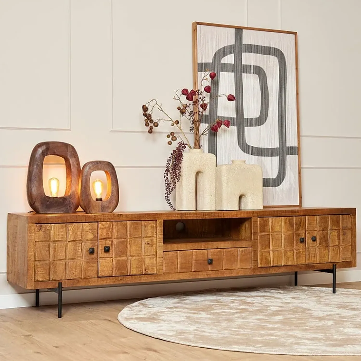 Furndea Industriele Kasten|Tv Meubels|Cubical tv-meubel mangohout 220cm