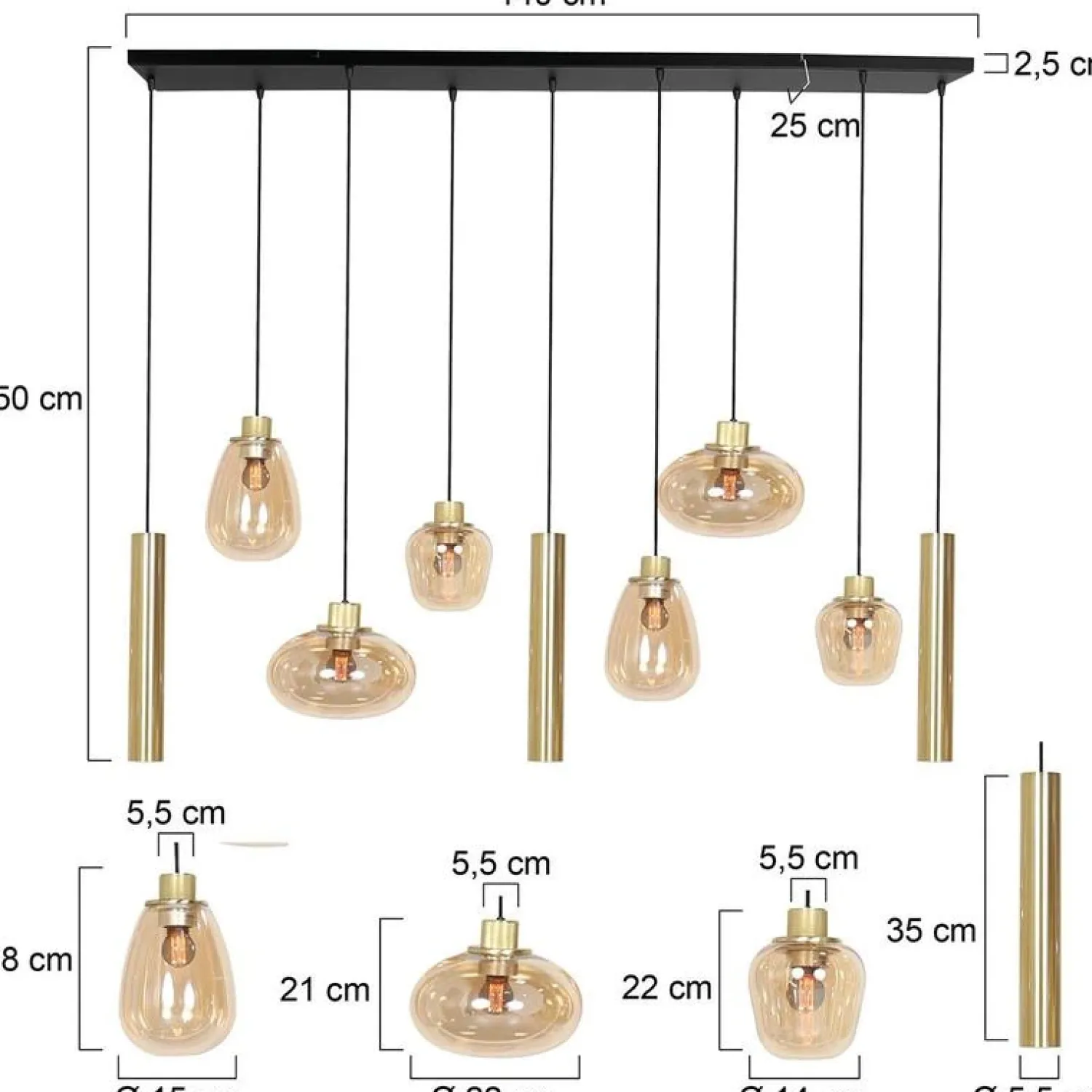 Trading Lighting Hanglampen|Glazen Hanglamp|Curtis 6+3 lichts Hanglamp Amber