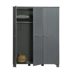 WOOOD Industriele Kasten|Kledingkasten|Dennis 3-deurs Kledingkast grenen grijs steel 158cm