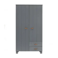 WOOOD Industriele Kasten|Kledingkasten|Dennis Kledingkast met laden grenen grijs met leren greep 111cm