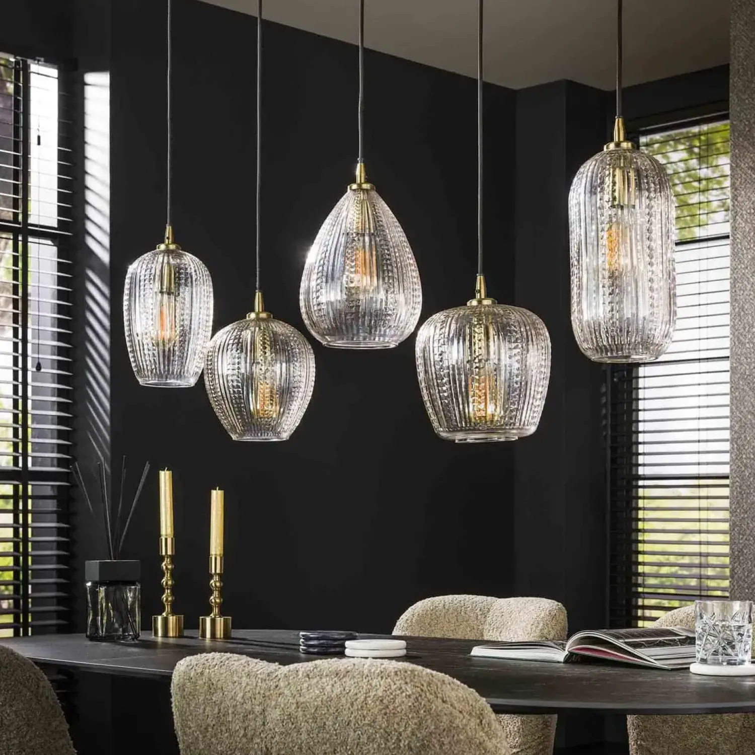 Kalfort Hanglampen|Glazen Hanglamp|Denzel Glazen Hanglamp 5 lichts 120cm