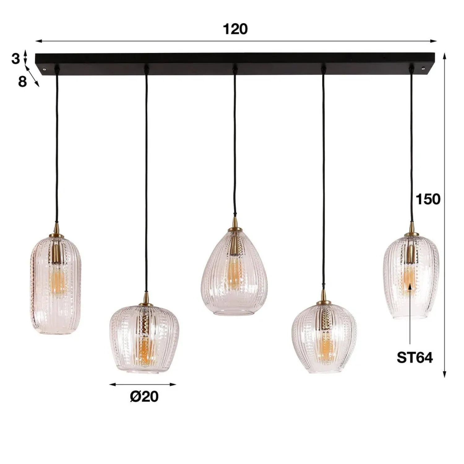 Kalfort Hanglampen|Glazen Hanglamp|Denzel Glazen Hanglamp 5 lichts 120cm