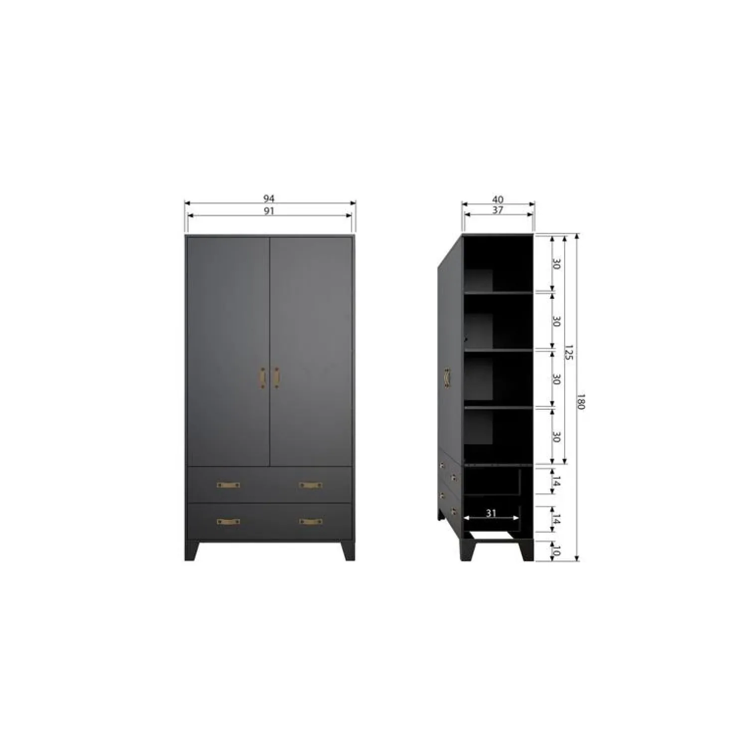 WOOOD Industriele Kasten|Kledingkasten|Dian Kledingkast grenen zwart 94cm