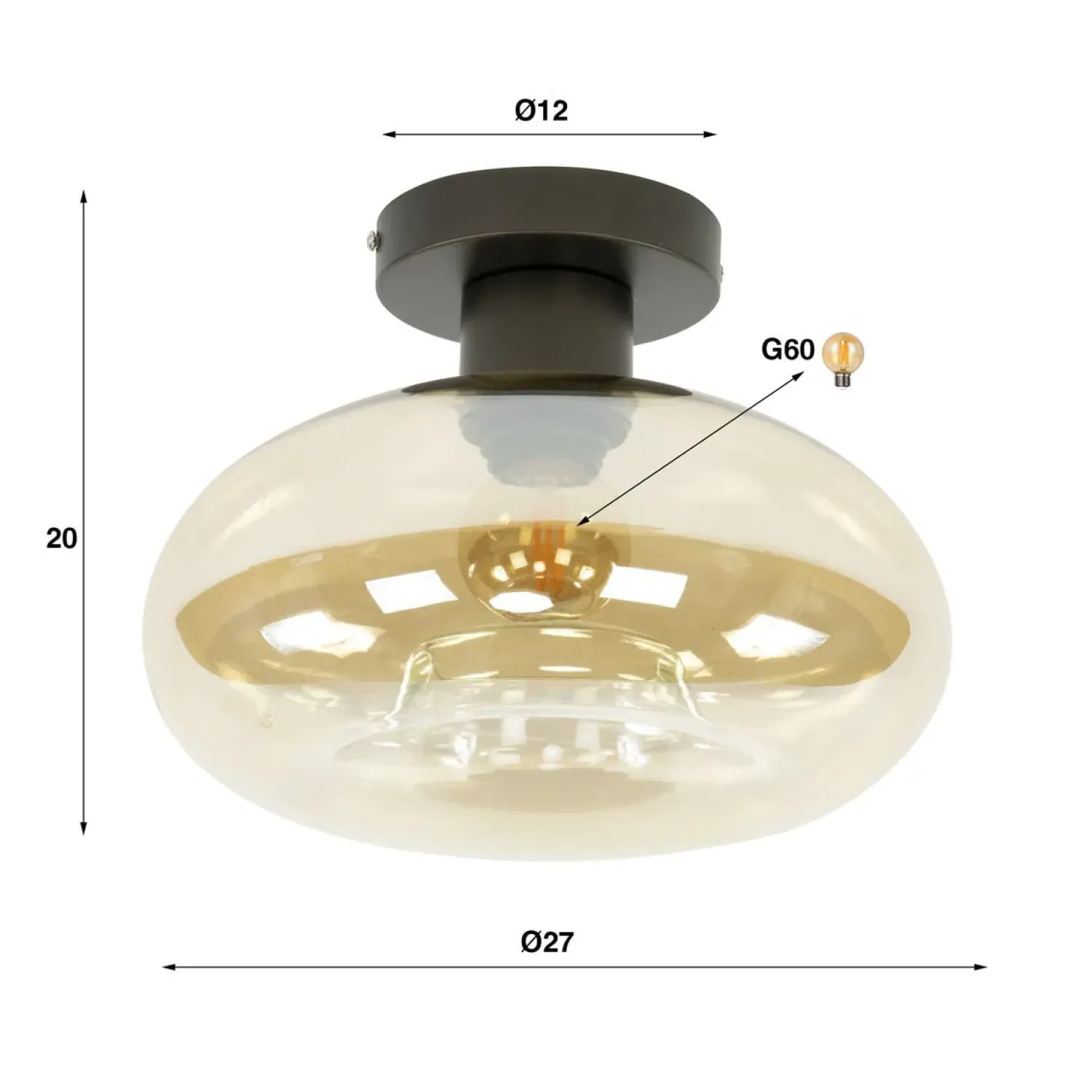Kalfort Plafondlampen|Doris 1-lichts Plafondlamp Amber glas