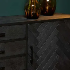 Furndea Dressoirs|Industriele Kasten|Dressoir mangohout Scandi industrieel visgraat zwart - 210cm