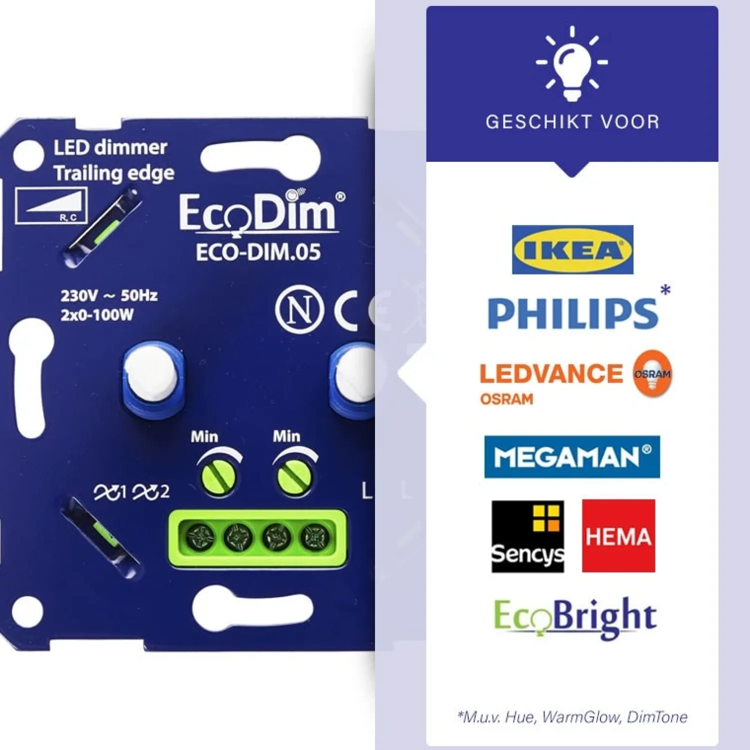 ECO-DIM Led Dimmers|Duo Led dimmer universeel 0-150W fase afsnijding Compleet zwart of wit