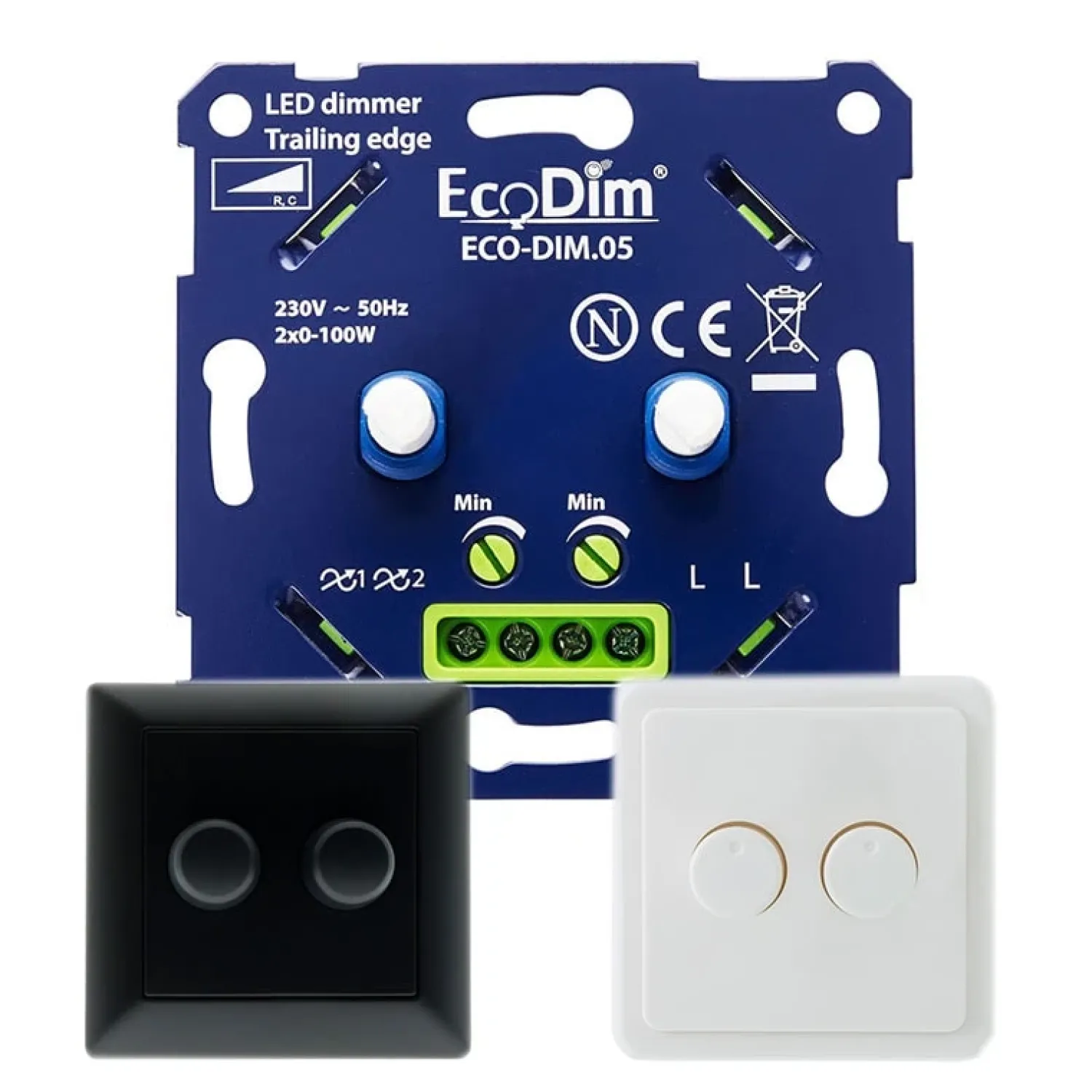 ECO-DIM Led Dimmers|Duo Led dimmer universeel 0-150W fase afsnijding Compleet zwart of wit