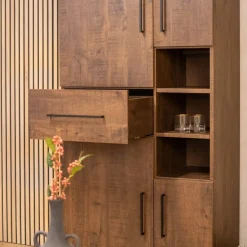 Maison Madera Wandkasten|Industriele Kasten|Elowen Wandkast hoog 4-deurs Donkerbruin 94cm