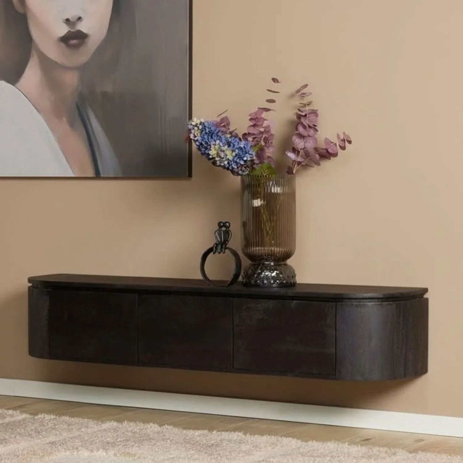 Furndea Industriele Kasten|Tv Meubels|Evi Zwevend Tv meubel Zwart Mangohout 160cm