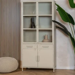Cavetown Vitrinekasten|Industriele Kasten|Figue vitrinekast industrieel taupe binnenkant 90cm