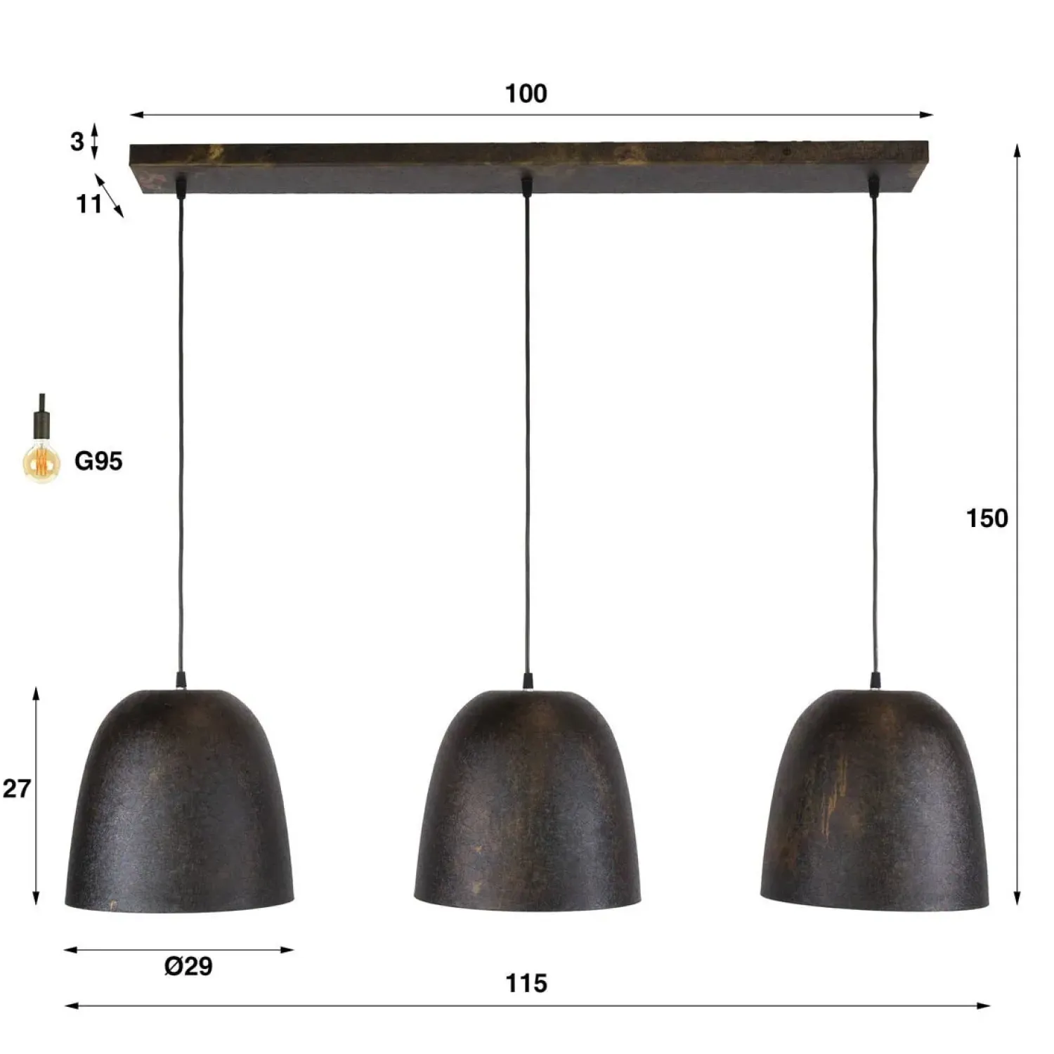 Kalfort Hanglampen|Flint 3-lichts Hanglamp Bruin