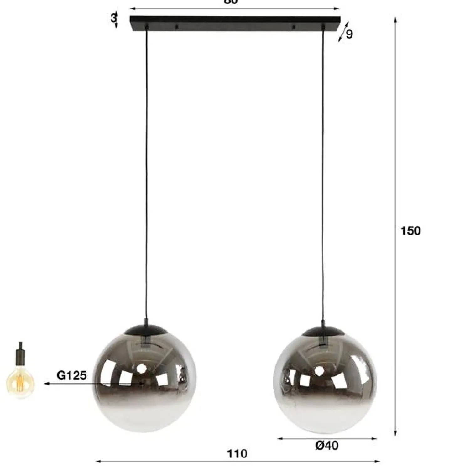 Kalfort Hanglampen|Glazen Hanglamp|Galsa 2-lichts Hanglamp XL smoke zwart
