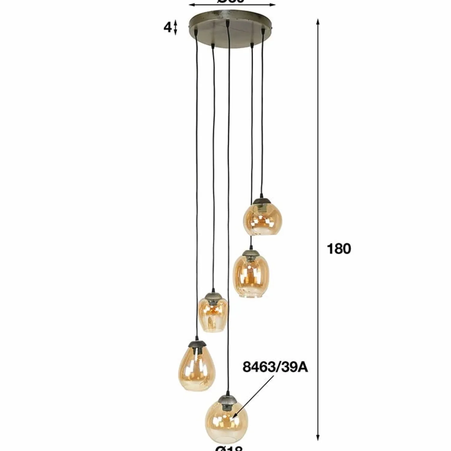 Kalfort Hanglampen|Glazen Hanglamp|Glowy 5-lichts hanglamp amber getrapt