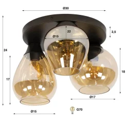 Kalfort Plafondlampen|Glowy 3-lichts Plafondlamp Amber glas