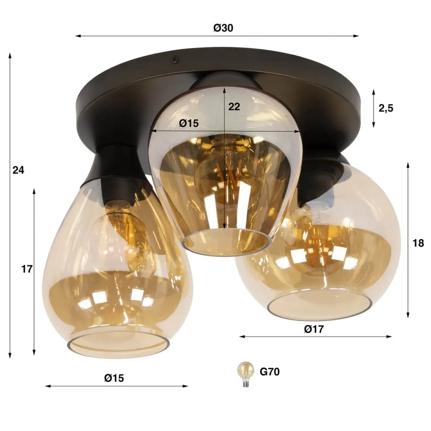 Kalfort Plafondlampen|Glowy 3-lichts Plafondlamp Amber glas