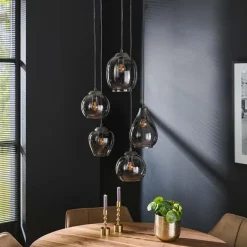 Kalfort Hanglampen|Glazen Hanglamp|Glowy Smokeglas 5-lichts hanglamp getrapt