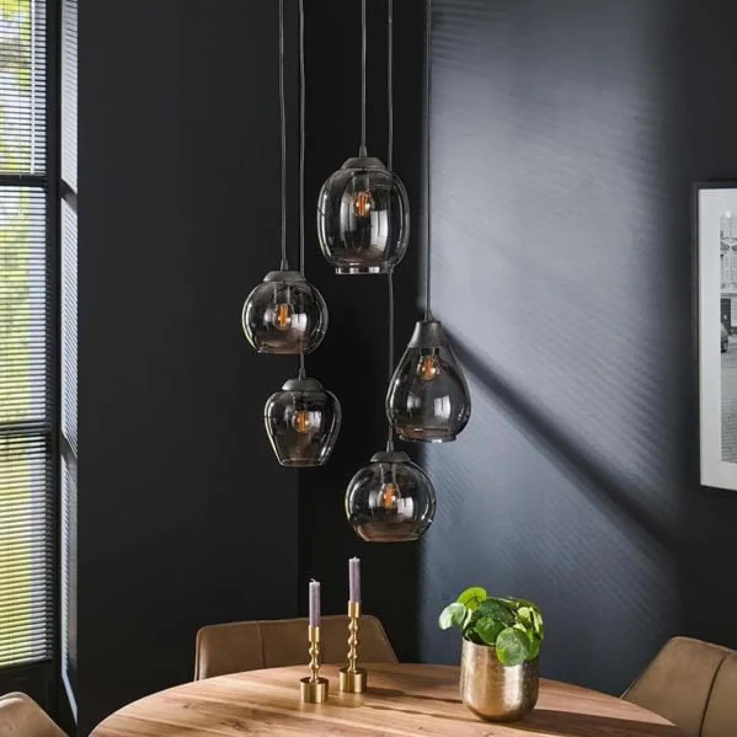 Kalfort Hanglampen|Glazen Hanglamp|Glowy Smokeglas 5-lichts hanglamp getrapt