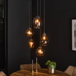 Kalfort Hanglampen|Glazen Hanglamp|Glowy Smokeglas 5-lichts hanglamp getrapt