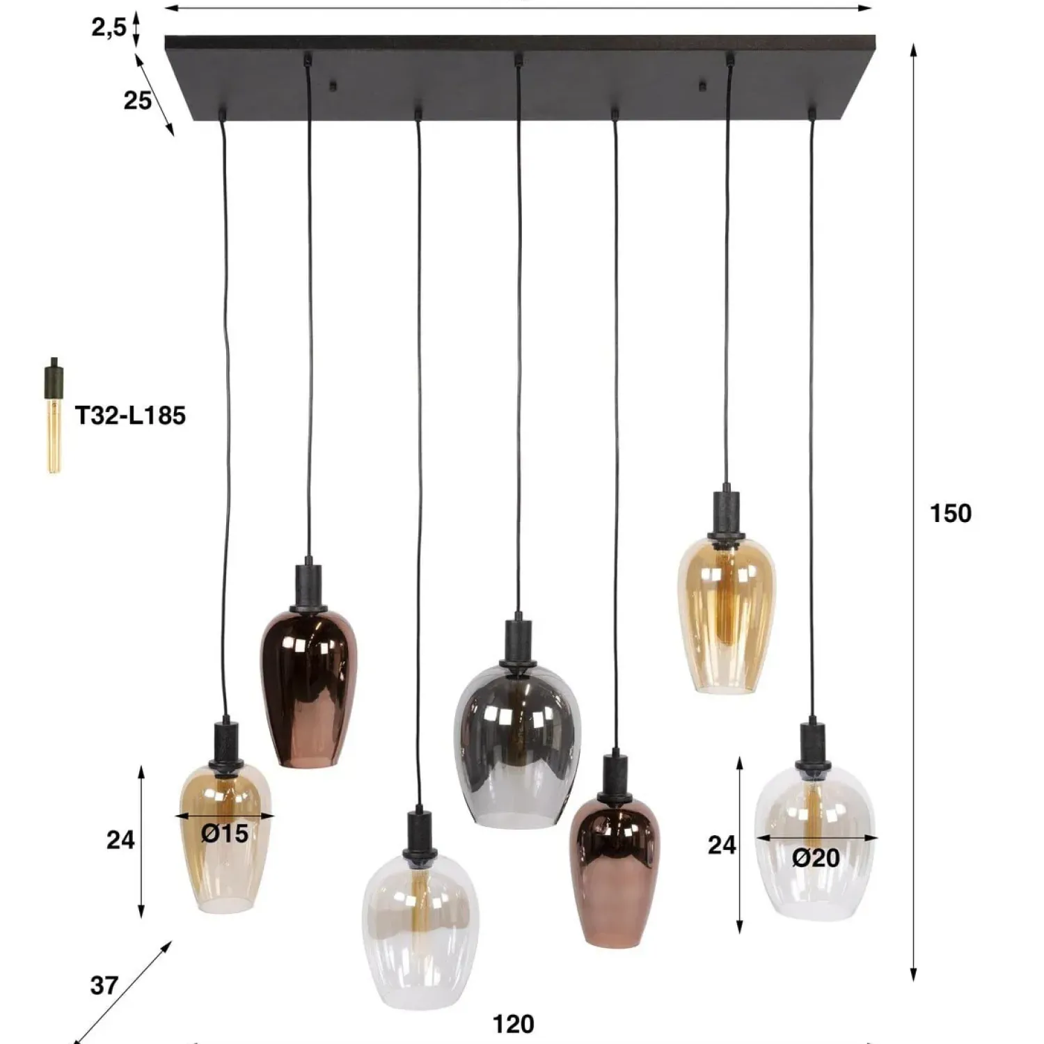 Kalfort Hanglampen|Glazen Hanglamp|Grazia 7-lichts Hanglamp Meerkleurig glas
