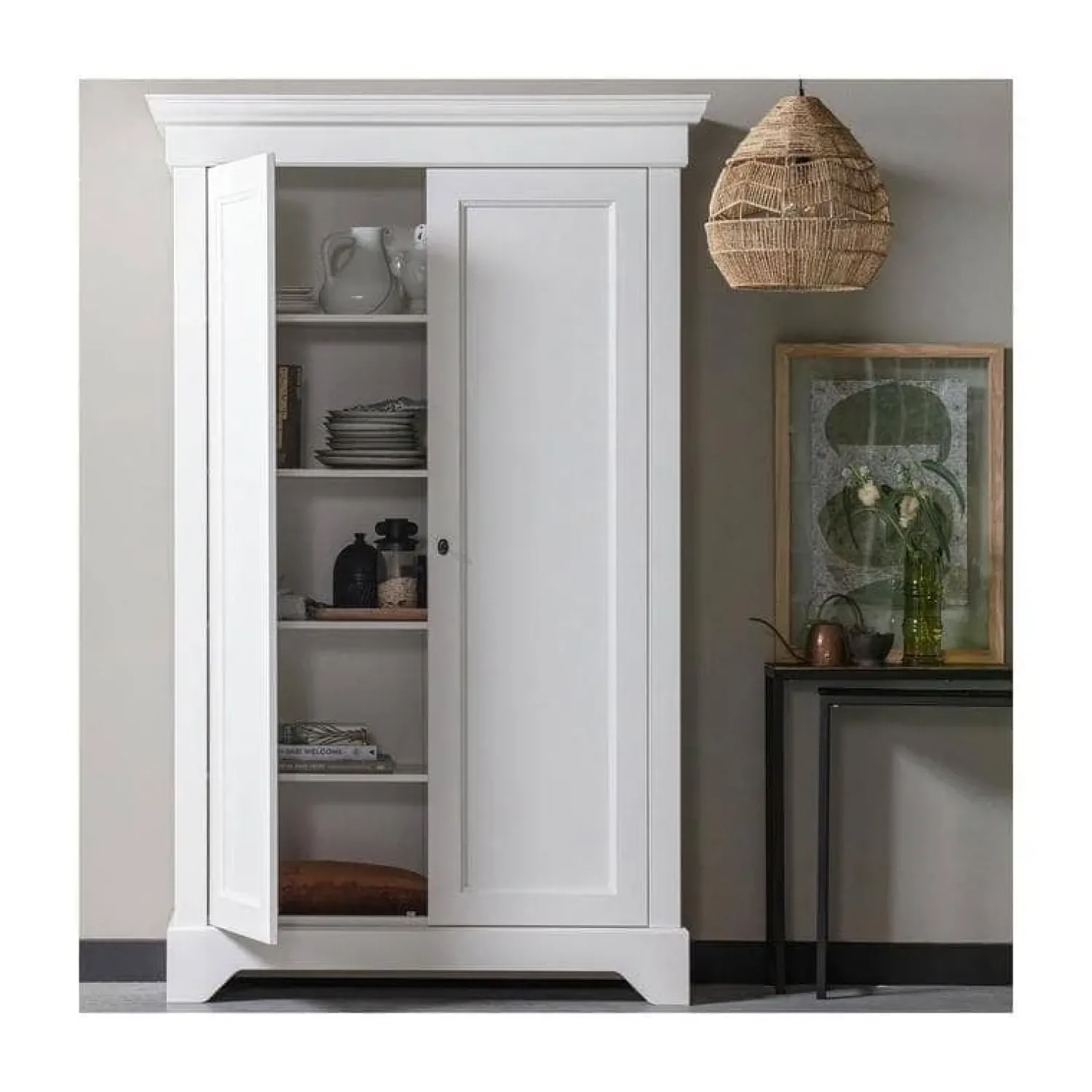 WOOOD Vitrinekasten|Industriele Kasten|Isabel Brocante kast grenen wit 118cm