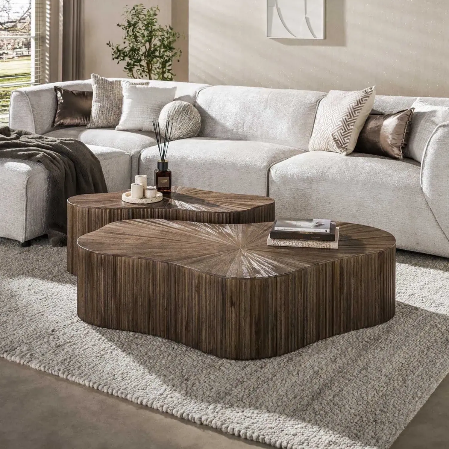 Kalfort Salontafels|Jill Teak XL Salontafel Shamrock Set van 2 Teakhout Espresso