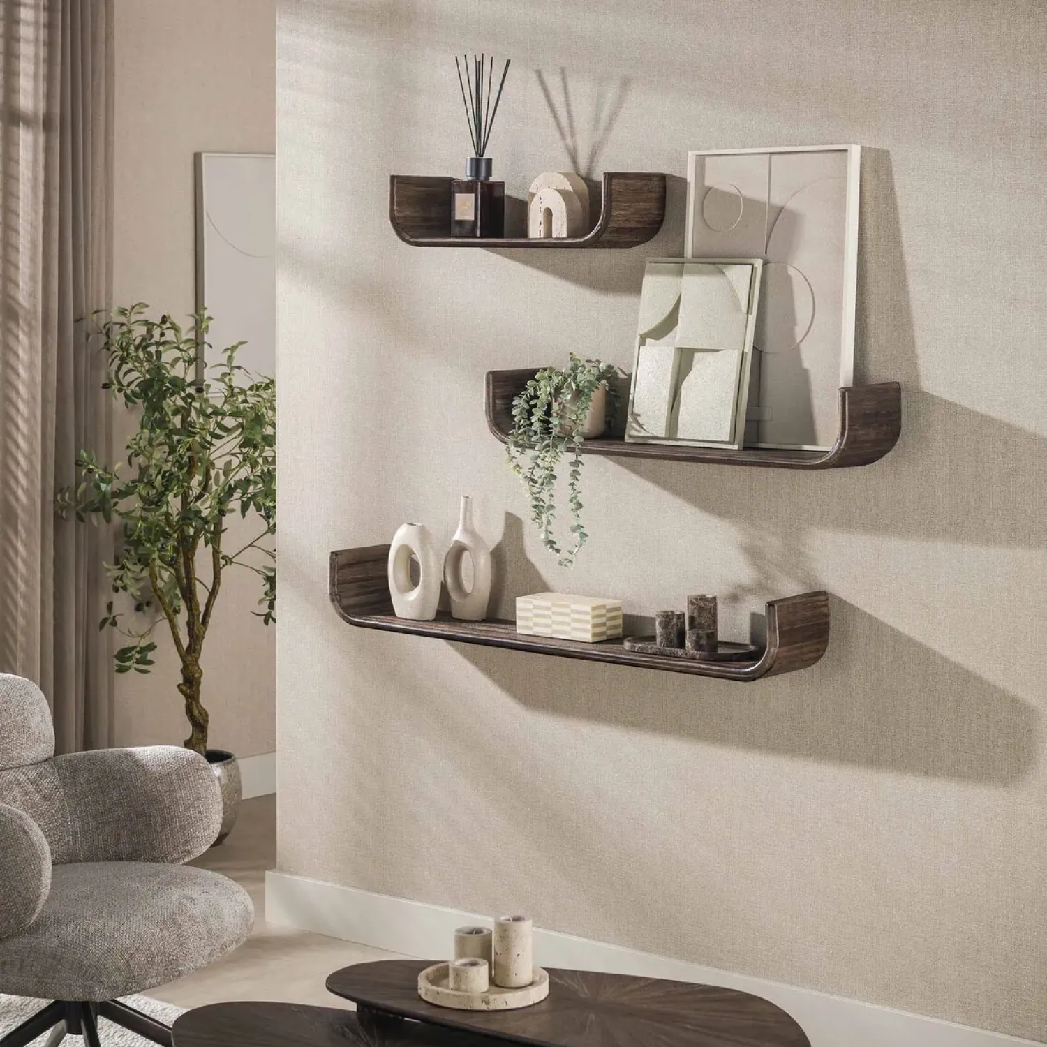 Kalfort Wandplanken|Wandplanken|Jill Wandplank U-vorm set van 3 Teakhout