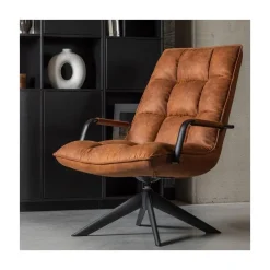WOOOD Fauteuils|Jouke Draaifauteuil met armleuning leerlook cognac