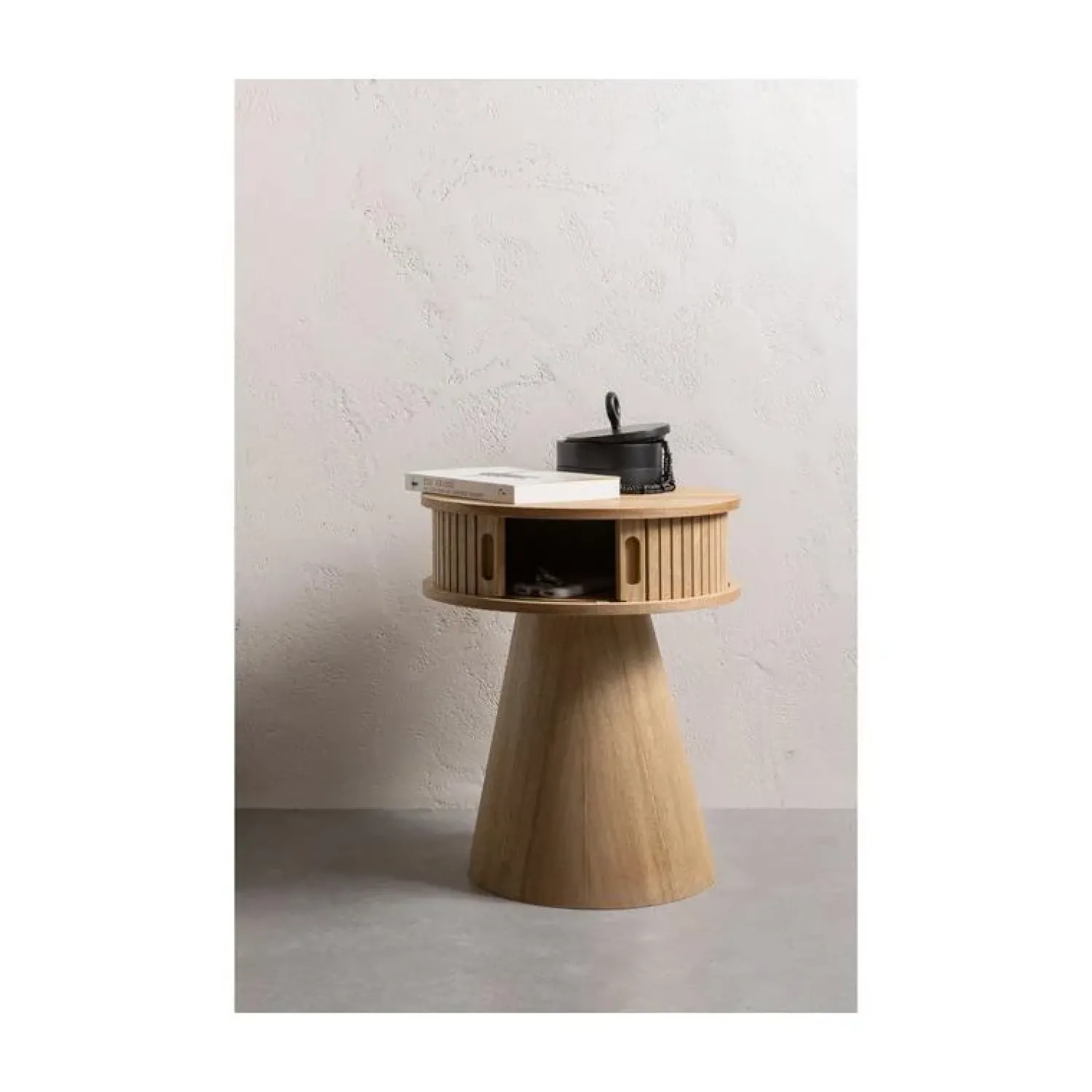 WOOOD Nachtkastjes|Industriele Kasten|Karri Nachtkastje rond MDF/grenen naturel 38cm