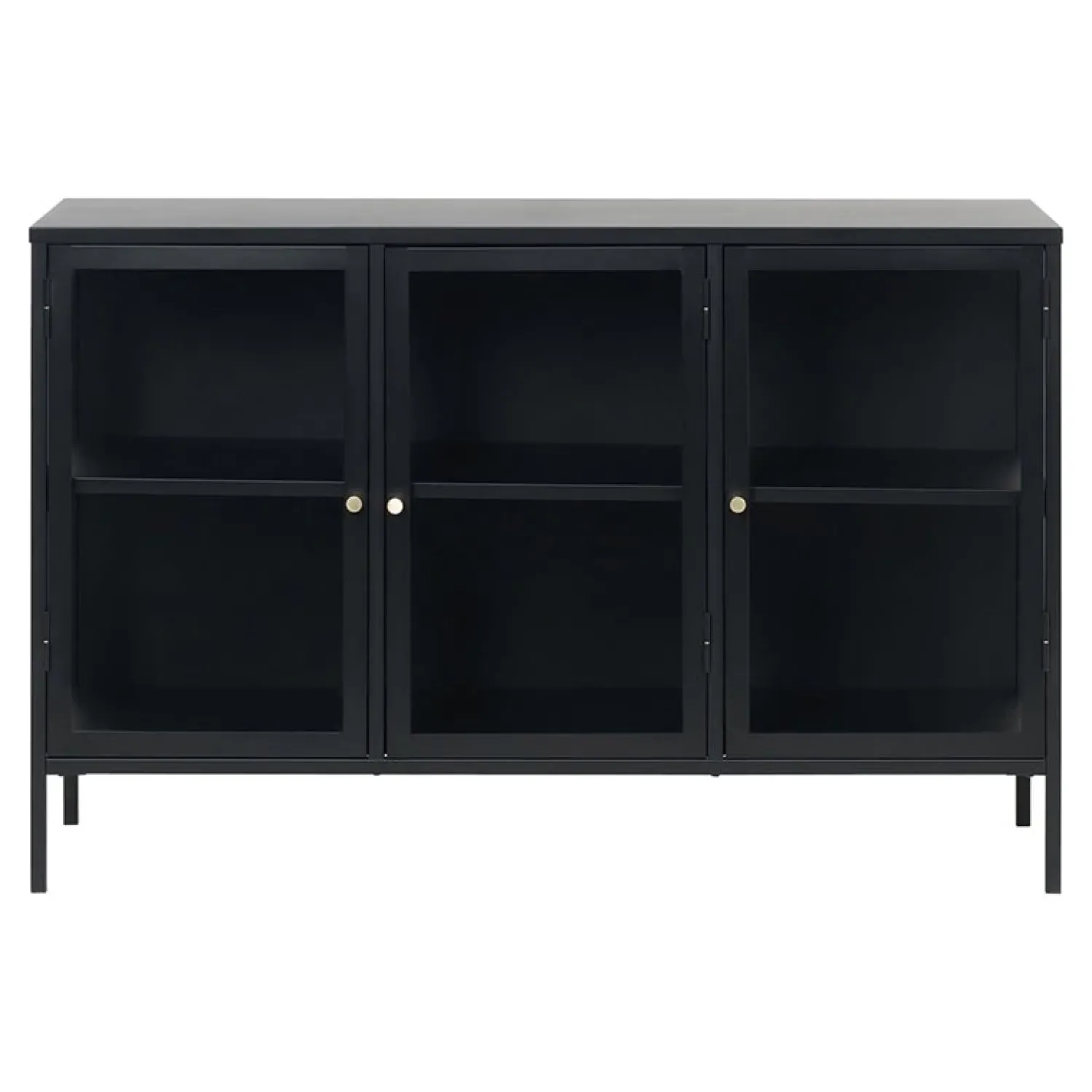 LykkeHome Dressoirs|Industriele Kasten|Kaya 3 deurs vitrinekast zwart metaal 132cm