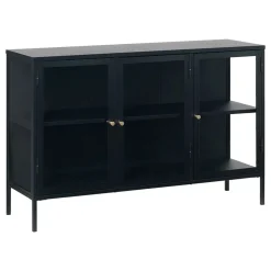 LykkeHome Dressoirs|Industriele Kasten|Kaya 3 deurs vitrinekast zwart metaal 132cm