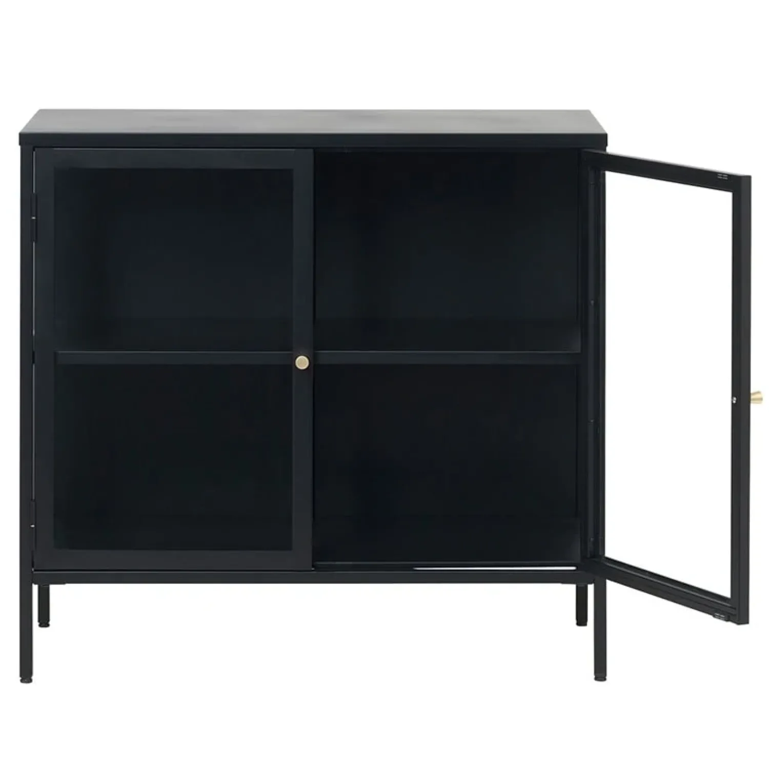 LykkeHome Dressoirs|Industriele Kasten|Kaya 2 deurs vitrinekast zwart metaal 90cm