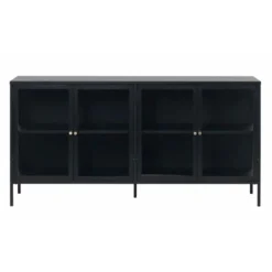 LykkeHome Dressoirs|Industriele Kasten|Kaya 4 deurs vitrinekast zwart metaal 170cm