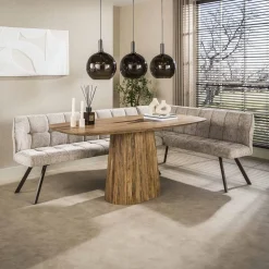 Kalfort Eetkamerbanken|Eetkamerbanken|Kelly Hoekbank Rechts Hoven Zand met bruin bronzen poot 230cm