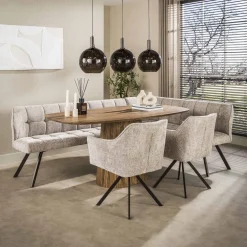 Kalfort Eetkamerbanken|Eetkamerbanken|Kelly Hoekbank Rechts Hoven Zand met bruin bronzen poot 230cm